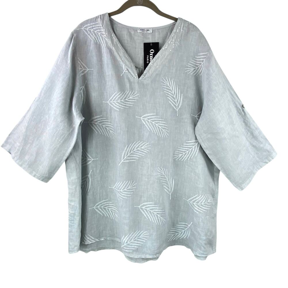 Puro Lino 100% Linen Tunic Top Blouse Size 2X Embroidered Sequins